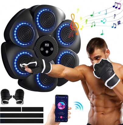 Music Boxing Machine, Musical Boxing Machine With LED Lights, 1 Pair Boxing Gloves, 9 Modes&18 Speed Punching, Support Bluetooth, Automatic Counting, Wall Mounted, Smart Music Punch Machine For Adults