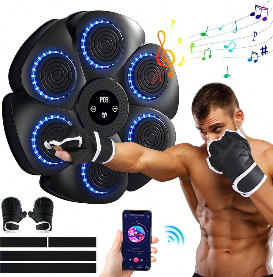 Music Boxing Machine, Musical Boxing Machine With LED Lights, 1 Pair Boxing Gloves, 9 Modes&18 Speed Punching, Support Bluetooth, Automatic Counting, Wall Mounted, Smart Music Punch Machine For Adults - Black - View 1