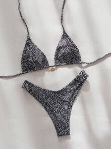 wohenmeili Women's Summer Beach Full Print Halter Tie Sexy Bikini Swimsuit Set - Black Background With White Dots - View 7