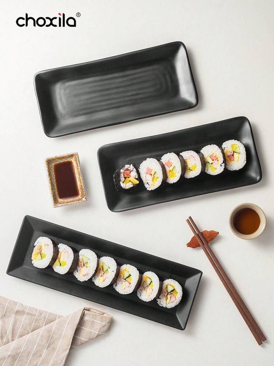 choxila 1pc Black Rectangular Plate, Japanese Sushi Plate, Food Dish Plate, Barbecue Plate, Cake, Dessert Strip Plate,Suitable For Family Gatherings, Afternoon Tea, Bedrooms, Living Rooms, And Hotels