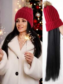 长直合成纤维假发，帽子接发，长款金黑色帽子假发，带弹力针织帽，22英寸合成纤维接发，适合女性和女孩，秋冬季基本保暖滑雪帽 - 彩色 - 查看 12