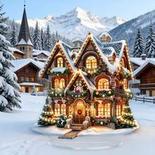 单件装，2D亚克力，激光切割圣诞小屋桌面摆件，冬季阿尔卑斯山木屋主题亚克力饰品，光滑平整的亚克力设计，色彩鲜艳的印花搭配节日灯光细节，轻巧的亚克力小饰品，节日家居装饰亚克力摆件 - 彩色 - 查看 2