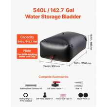 Water Storage Bladder 142.7 Gallon Large Capacity Water Bag, Portable & Collapsible Soft Waters Container, Leakproof & Tear-Resistant PVC Emergency Waters Storage Tank For RV Truck & Outdoor Use - Black 540L - View 2
