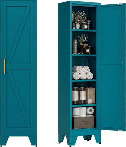 Metal Tall Bathroom Cabinet With 4 Shelves, Narrow Linen Cabinet With 2 Barn Doors, Freestanding Storage Cabinet, For Bathroom, Living Room, Kitchen, Peacock Blue