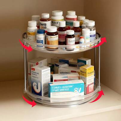 Organizador giratorio transparente de 2 niveles para especias en gabinetes, ideal para cocina, hogar, oficina, armario, aula y lavandería.