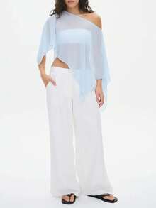 Women Sheer Knit Poncho Y2k See Through Shrug Mesh Cover Up Lightweight Asymmetrical Beach Shawl Cape Top - 淺藍色 - 查看 5