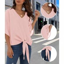 VIOPY Blusa de Gasa Mujer Playeras Camisetas Casuales Cuello V Manga Corta con Lazo Frontal y Mangas murcilago Top de Verano Elegante Alta Elsticos - Rosa + G - Ver 6