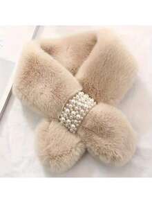 1pc Warm Thick Criss-Cross Faux Fur Neck Warmer - Elegant Faux Pearl Design, Versatile - Expandable Warm Criss-Cross Scarf - Comfortable Warm Winter Accessory With Thermal Lined - Multicolor - View 11