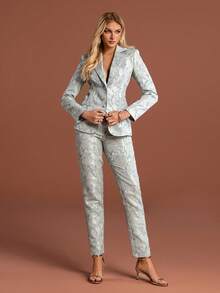 女士优雅印花套装，领口纽扣闭合，常规袖长，无弹力面料，适合时尚的办公室穿着和派对场合。 - 薄荷綠 - 查看 4