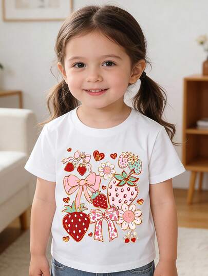 Young Girl's Casual Cute Style Bow/Strawberry/Heart/Flower Print Round Neck Short Sleeve White T-Shirt, Suitable For Outdoor Sports, Back To School, Commuting, Social Gatherings, Spring/Summer