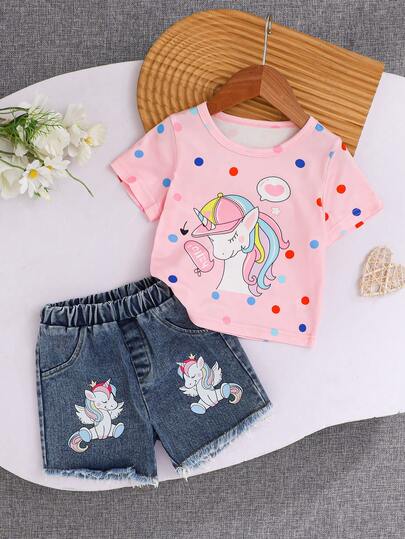 2pcs/Set Baby Girls' Summer Pink Polka Dot Unicorn T-Shirt + Denim Tassel Shorts, Comfortable Casual Cute Fashion - Suitable For Daily Casual/Outdoor/Gift