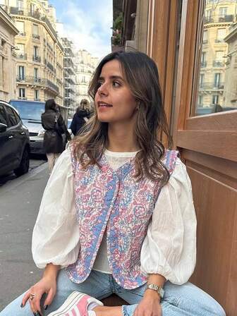 GMFP Women's Fall/Winter Casual Elegant Fashion Print Resort-Style Woven Quilted Vest Buttonless Patchwork Cotton Cardigan Vest New Year/Christmas