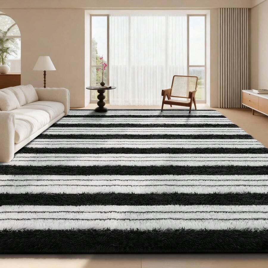 Sour Lemon Rugs Living Room Large Striped Area Rug For Bedroom, Washable Rug Anti Slip, Extra Large Fluffy Shaggy Rugs Modern Floor Carpets Mat Beside Carpet For Living Room, Bedroom,Home Decor - Black and White Stripes - View 1