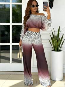 مجموعة ملابس علوية وبنطلون بأكمام طويلة بطبعة نمر، بوهيمي عصري وجذاب، قطعتان - قهوة بني - مشاهدة 1