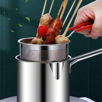 1pc Small Fryer, Strainer Basket And Handle 304 Stainless Steel Fryer, Deep Frying Pot For Outdoor Cooking Home Brewing, Mini Deep Fryer, Pot With Strainer Basket Fried Chicken French Fries Kitchenware With Lid And Clip For Restaurant