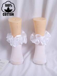 1 đôi tất ngắn bằng cotton màu trơn kiểu công chúa viền ren dành cho bé gái, thích hợp cho khiêu vũ và mặc thường ngày. - trắng - Xem 11