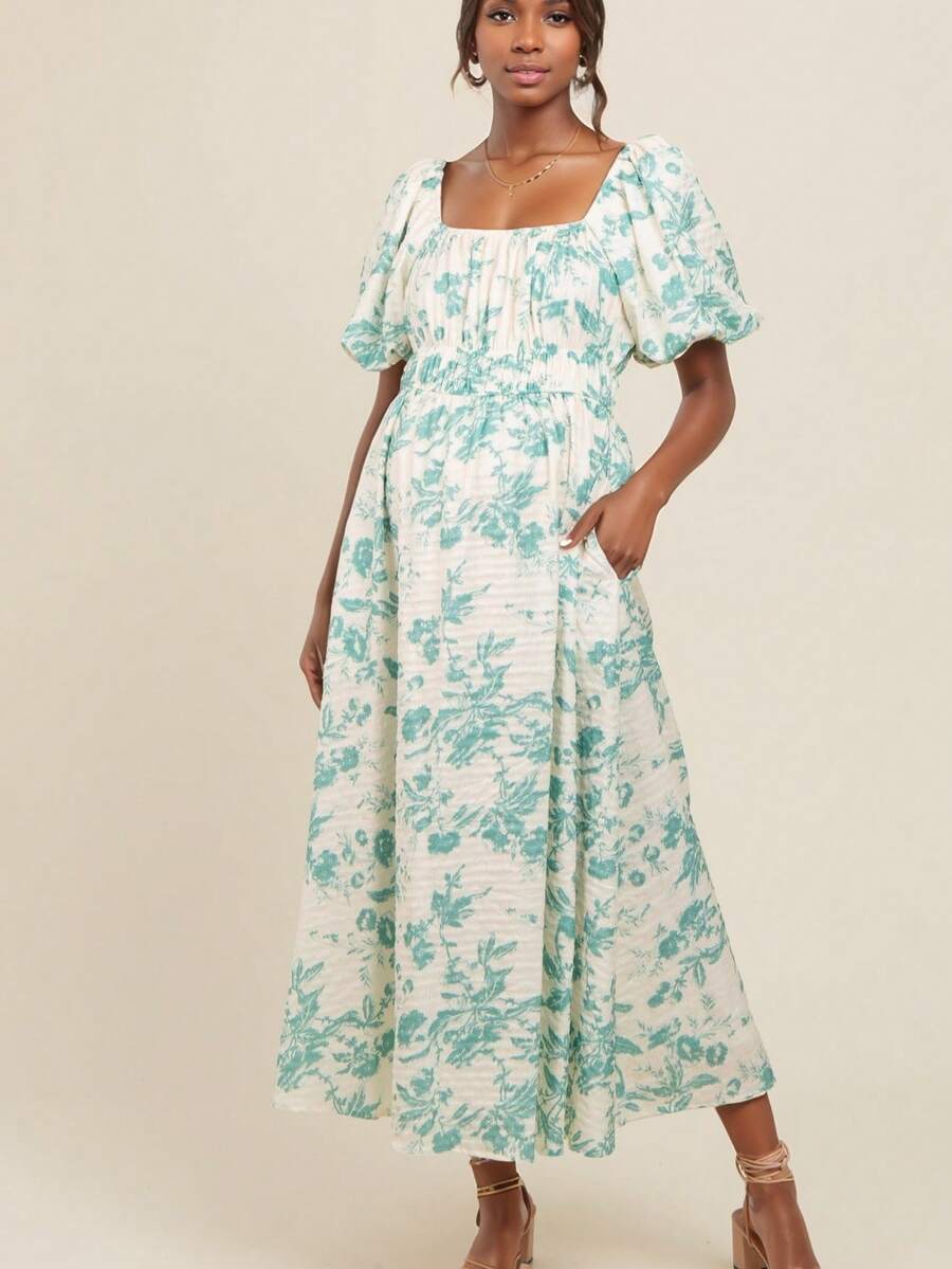 Maternity Ditsy Floral Bohemian Elegant Woven Fabric Drawstring Pocket Dress, Suitable For Vacation, Formal Events, And Everyday Wear, Spring/Summer - Mint Green - View 1