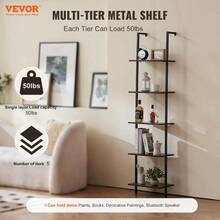 Ladder Shelf 5-Tier Bookshelf 15.6x11.8in Open Wall-Mounted Ladder Shelf With Metal Frame Storage Rack Sundries Holder For Kitchen Bedroom Bathroom Living Room Black - As Pic - View 4