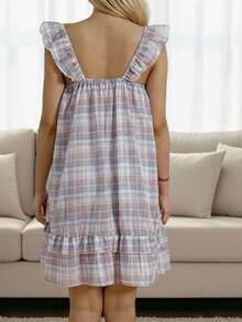Womens Mini Tank Dress Summer Ruffle Sleeveless Square Neck Plaid Print Loose Dress Short Dress - Purple - View 2