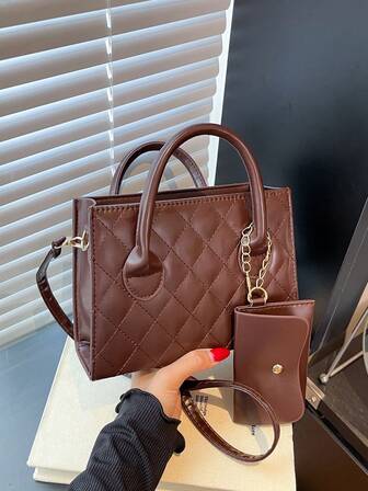 2pcs Fashionable Quilted Rhombus Solid Color Handbag Set