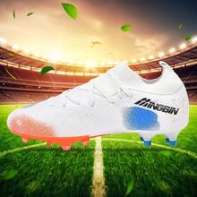 Zapatos de fútbol para adultos y jóvenes de caña baja para partidos de equipo al aire libre, zapatos de entrenamiento de fútbol para hombres, antideslizantes, duraderos, para césped natural, terreno blando, de cuero, con cordones, ligeros, diseño antideslizante de alto rendimiento, tacos de fútbol profesionales - naranja blanca - Ver 2