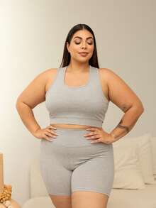 Women's Plus Size Mid-Thigh Gym Set In Thick Power Supplex - Light Grey - View 2