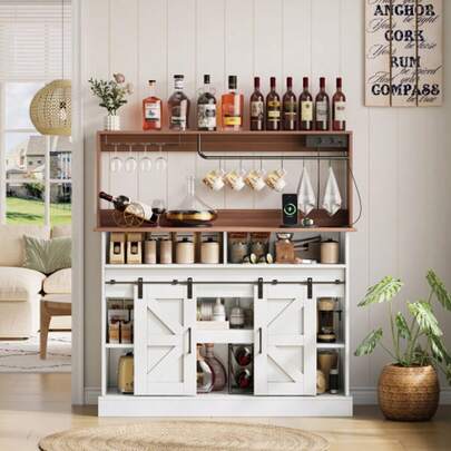 120cm Long Coffee Bar With Glass Holders And Sockets (2 X Mains, 2 X USB), Sideboard With Storage Space, Country Style Sideboard For Kitchen/Living Room With Sliding Doors