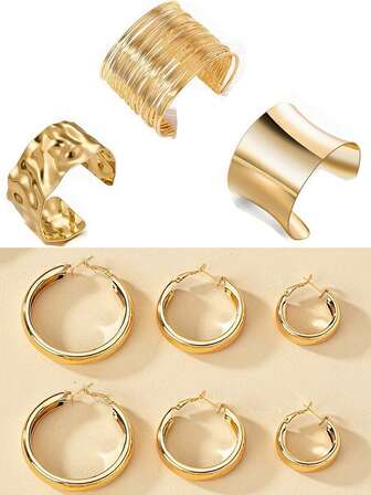 1 Set Fashion Minimalist Women's Gold Metal Wire Cuff Bracelet, Gold Hoop Earrings, Suitable For Daily Wear And Gift