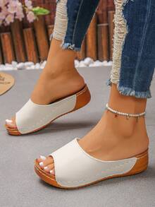 Plus Size 36-45 Summer Fashion Casual Beige Metal Buckle Wedge Heel Sandals, Comfortable Roman Outdoor Slip-On Slippers, Versatile Women Platform Thick Bottom Sandals - Premium Beige PU - View 3