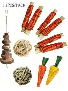 7-Piece Set, 12 Piece Set, 8-Piece Set, Pet Teeth Grinding Set, Gift, Rabbit Hamster Chew And Relieve Boredom Toy Combination, Small Pet Play Animal Holiday Gift, Valentine's Day Animal Gift, Rabbit Teeth Grinding Toy, Hamster Cleaning Tooth Toy Set, Wooden Toy Set, Wooden Chew Toy Set, One Wheel Barbell, Carrot, Apple, Wooden Swing, Seesaw, Hamster Toy