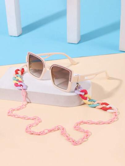 1 Set 1PC Girl's 4-8Y Candy-Colored Casual Polycarbonate Square Frame Fashion Glasses And 1PC Bohemian Colorful Ring Clip Eyeglass Chain Suitable For Outdoor And Daily Clothing Coordination With Glasses Box