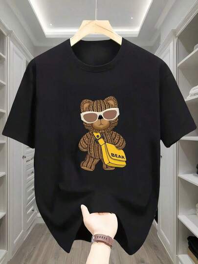 Men's T-Shirt,1 camiseta de algodón casual para hombre con estampado de oso con gafas geométricas, cuello redondo, manga corta, tejido de punto, ajuste elástico, camiseta cómoda para todas las estaciones para jóvenes.