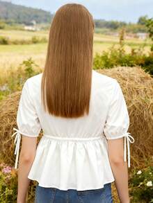 Women's Lace Trim Ruffle Tops Summer Fashionable Solid Color Short Bubble Sleeve Shirt - White - View 6