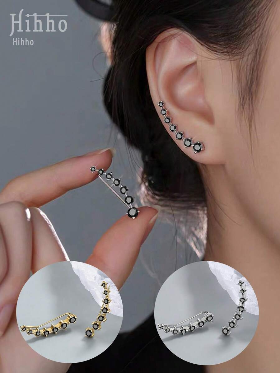 Hihho 2pcs Elegant Luxurious Long Tassel Minimalist Jewelry Hoop Earrings, Black, Suitable As Fashionable Jewelry For Women