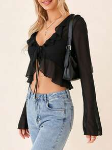 Women Solid Color Ruffle Front Tie Long Sleeves Blouse & Shirt, Sexy Casual Spring Summer Vacation Party Beach Street Top - màu đen - Xem 2