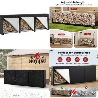11.8 FT Firewood Rack With Waterproof Cover Heavy Duty Wood Rack For Indoor Outdoor Fire Wood Storage Rack With Side Pocket Log Racks For Firewood Wood Pile Stacker Firewood Holder Black