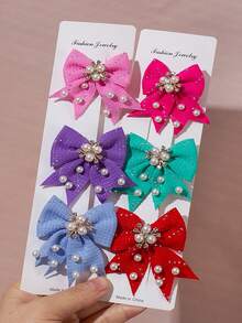 6个随机纯色水钻纹理蝴蝶结发夹，优雅珍珠水晶发卡，甜美公主风女孩日常及派对发饰 - 彩色 - 查看 5