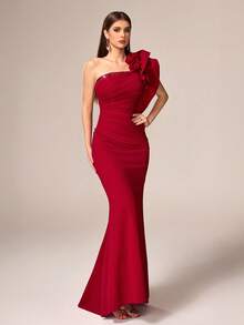 VIPGIRL Elegante e lussuoso abito da sera lungo e morbido di colore rosso, decorato con rose 3D e dettagli in paillettes, per donna - Bordò - Visualizzare 9