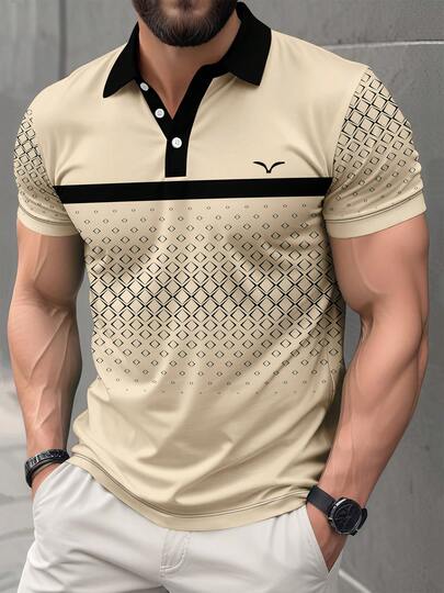 Men's Geometric Print Casual Versatile Commuting Short Sleeve Polo Shirt