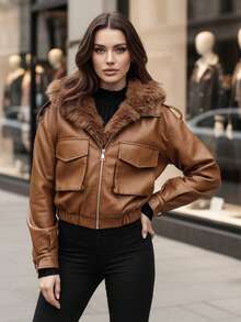Women's Short Faux Leather Jacket With A Detachable Faux Fur Trim Hood, Zip Closure, Adjustable Cuffs And Spacious Exterior Pockets. - Brown - View 3