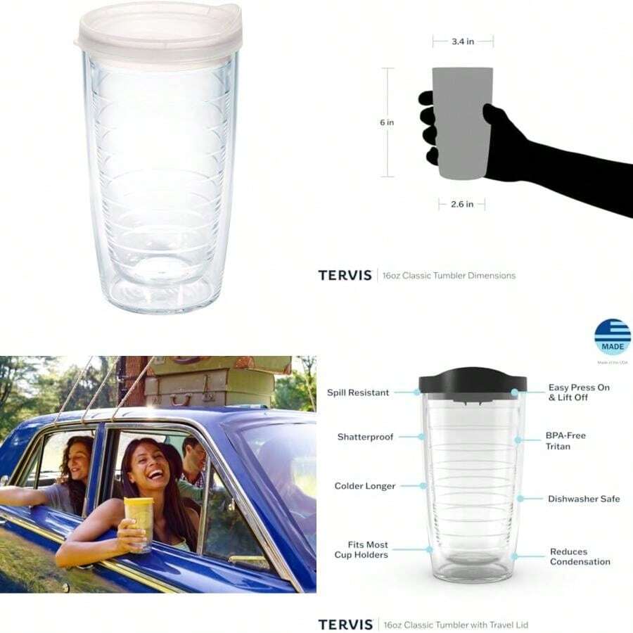 Tervis Made in USA Double Walled Clear & Colorful 24oz Lidded Insulated Tumbler Cup Keeps Drinks Cold & Hot, 24oz, Blue Lid(Tapa transparente. 16 onzas) - Multicolor - Ver 1