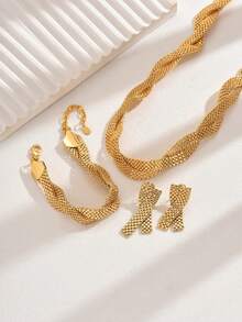 18K Gold Plated 4pcs/Set Minimalist Hollow-Out Chain Necklace, Earrings, Bracelet And Net Pendant Jewelry Set For Women - A - View 3