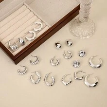 1-9對新款龐克風銀色扭轉不對稱耳環套組，塑膠材質，適合女士日常通勤穿戴 - 銀色 - 查看 6