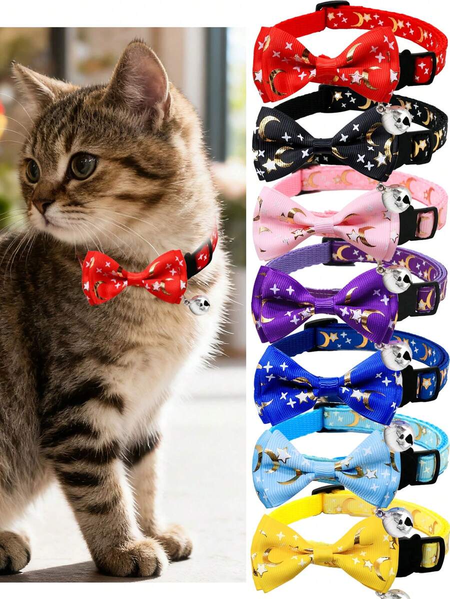 1/2pcs Pet Bell Collar, Hot Stamping Ribbon, Bow, Cat Dog Collar, Star Moon, Fashionable Cat Collar, Cat Collar, Dog Accessories, Cat Bow Tie, Dog Bows, Cat Stuff, Wedding Items - Multicolor - View 1