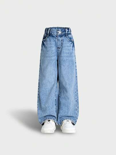 Young Girl's Simple Light Color Wide Leg Elastic Waist Loose Fit Jeans, Suitable For All Seasons