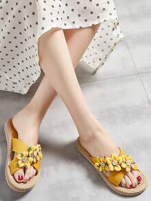 女士简约拖鞋，休闲夏季鞋，轻便沙滩条纹蝴蝶结拖鞋 - 黃色 - 查看 3