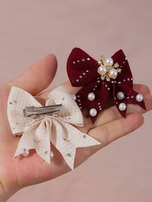 6个随机纯色水钻纹理蝴蝶结发夹，优雅珍珠水晶发卡，甜美公主风女孩日常及派对发饰 - 彩色 - 查看 7