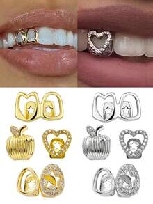 Unisex Gold Tooth Grillz, Hollow Heart, Star, Apple Shaped Zirconia Tooth Caps, 14K Gold Plated, Suitable For Cosplay, Fashion Parties, Holiday Couples Gifts - Multicolor - View 1