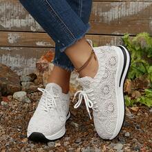 女士时尚厚底圆头平底系带镂空透气网面休闲鞋 - 白色 - 查看 4