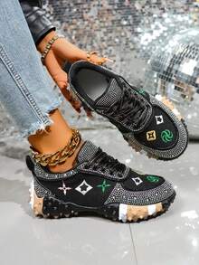 2026新款亮黑色水钻女士运动鞋，透气休闲厚底时尚百搭步行鞋 - 黑色 - 查看 5